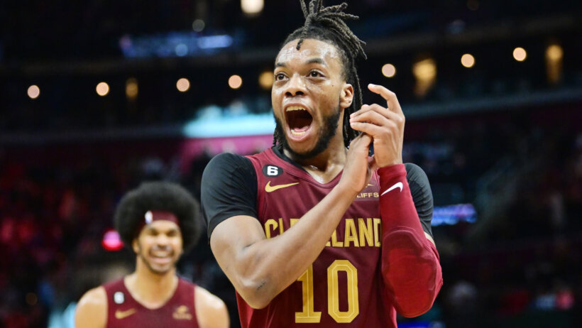 Darius Garland reacts after a bucket