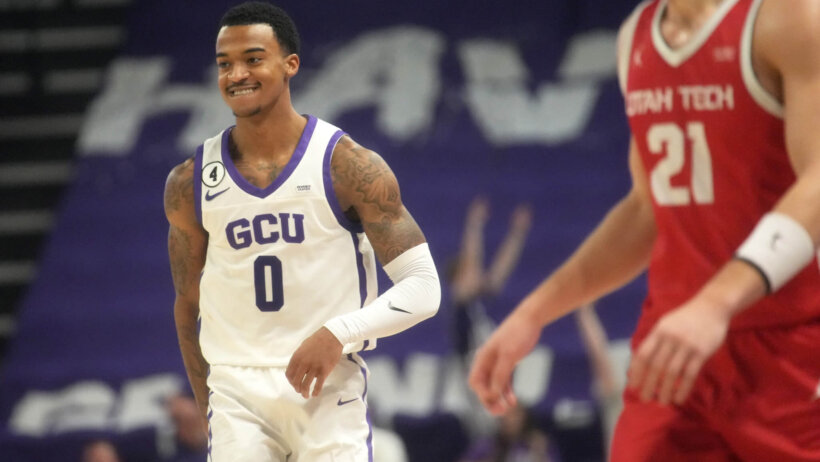 GCU Lopes guard Rayshon Harrison runs back up the floor