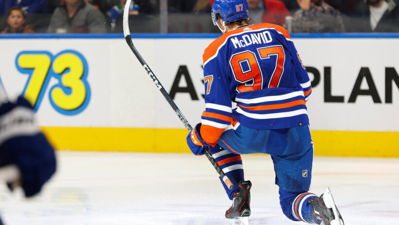 Edmonton Oilers forward Connor McDavid celebrates his goal