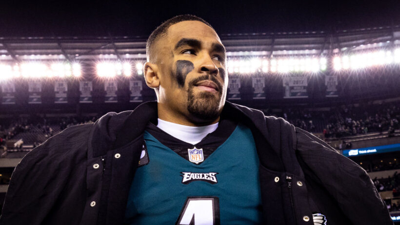 Philadelphia Eagles quarterback Jalen Hurts walks off the field