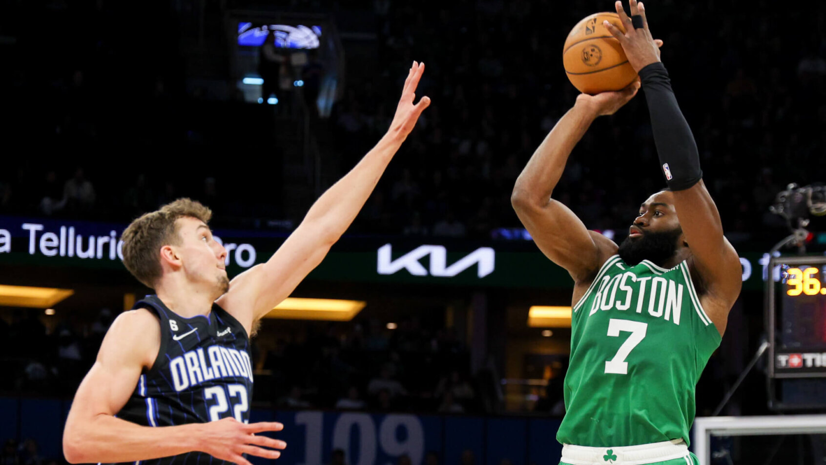 Boston's Jaylen Brown launching a jump shot