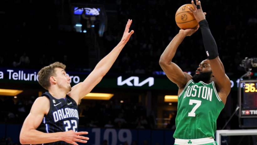 Boston's Jaylen Brown launching a jump shot