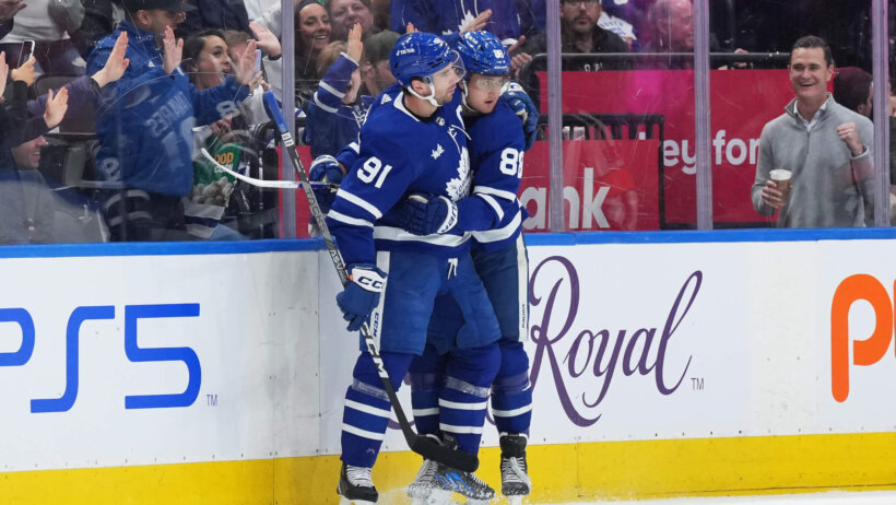 Toronto Maple Leafs right wing William Nylander celebrates with Toronto Maple Leafs center John Tavares