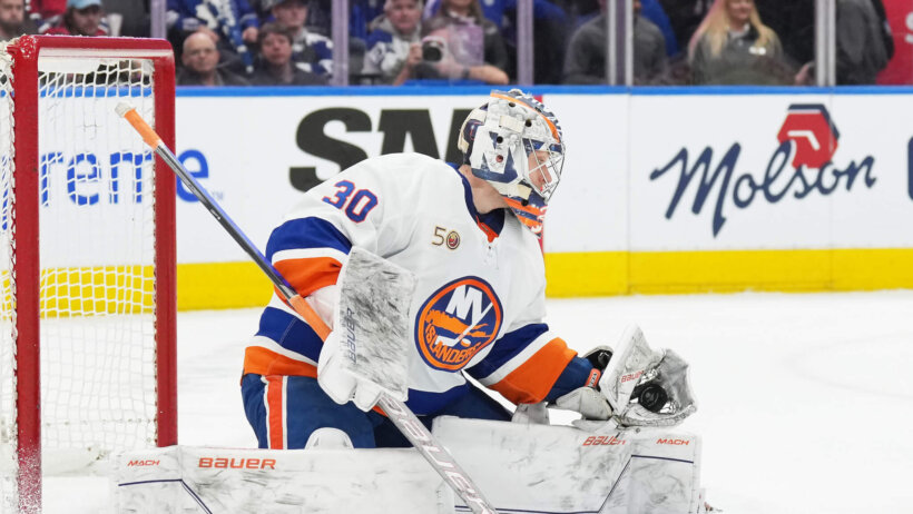 New York Islanders goaltender Ilya Sorokin stops the puck