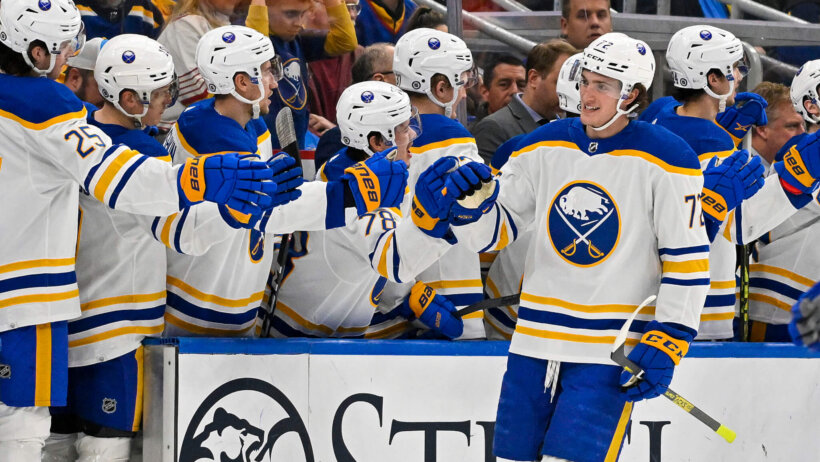 Buffalo Sabres center Tage Thompson celebrates goal