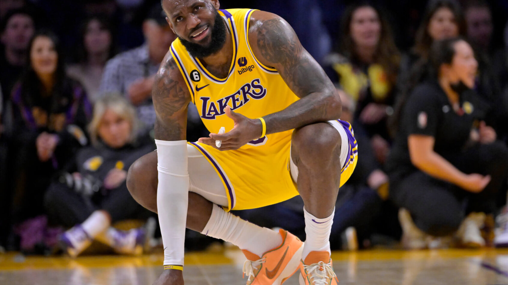 Lakers LeBron James squatting on court.