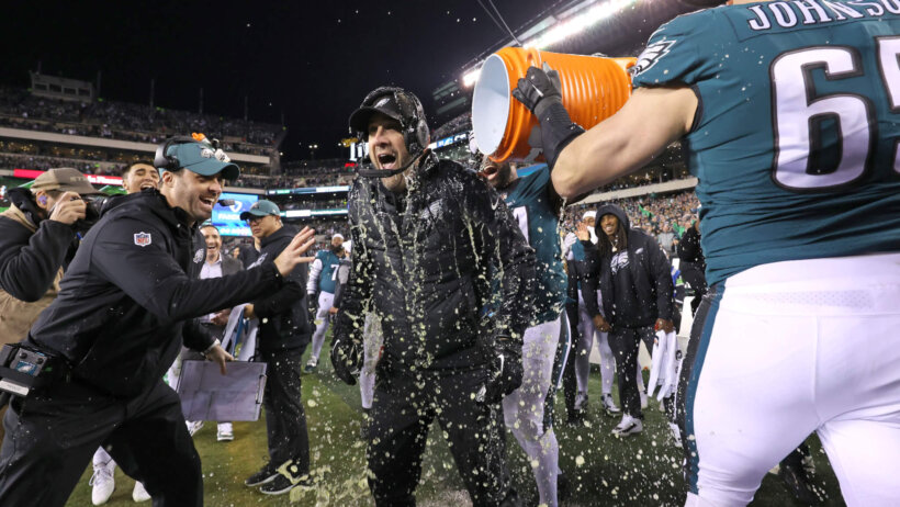 Philadelphia Eagles head coach Nick Sirianni is showered in Gatorade by his players