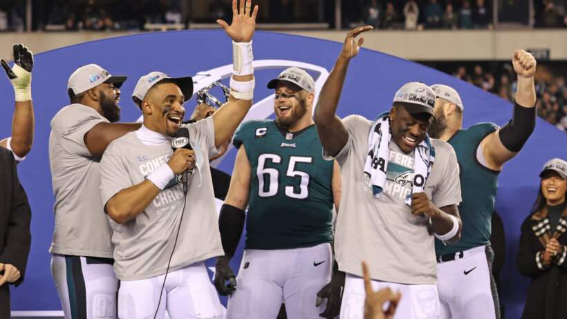 Philadelphia Eagles players celebrate going to Super Bowl 57