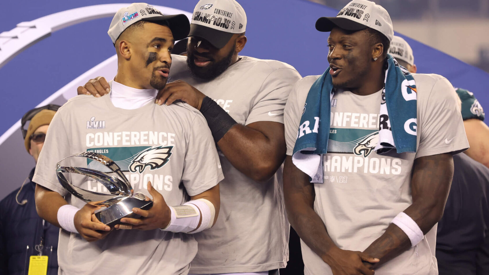 Philadelphia Eagles players celebrate after winning the NFC Championship Game