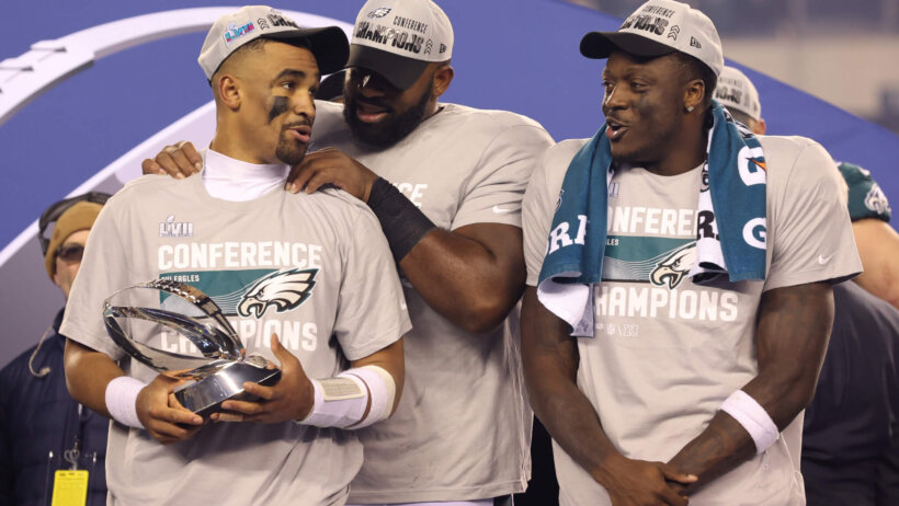 Philadelphia Eagles players celebrate after winning the NFC Championship Game