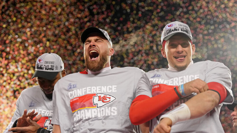 Travis Kelce and Patrick Mahomes celebrate their AFC Championship victory