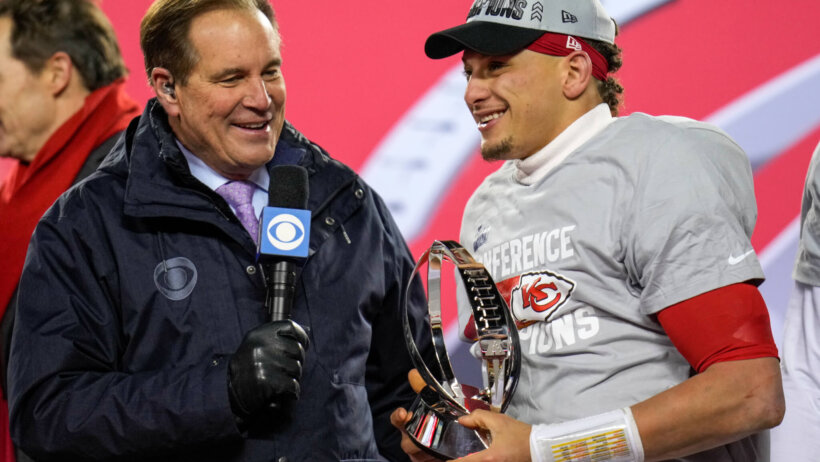 Kansas City Chiefs QB Patrick Mahomes celebrates winning the AFC Championship.