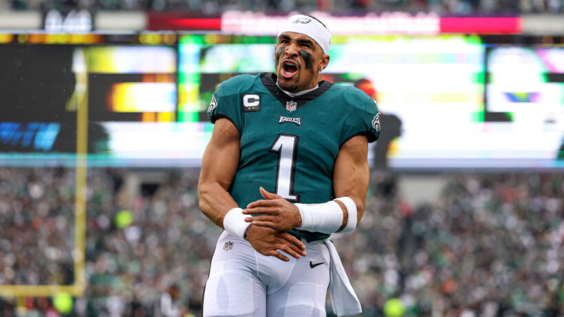 Philadelphia Eagles quarterback Jalen Hurts celebrates