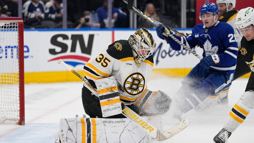 Boston Bruins goaltender Linus Ullmark makes a save against the Toronto Maple Leafs
