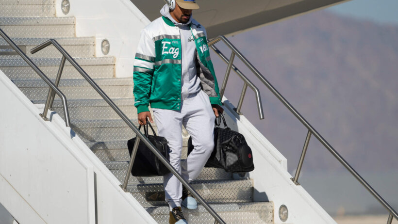 Philadelphia Eagles QB Jalen Hurts arrives at the Super Bowl