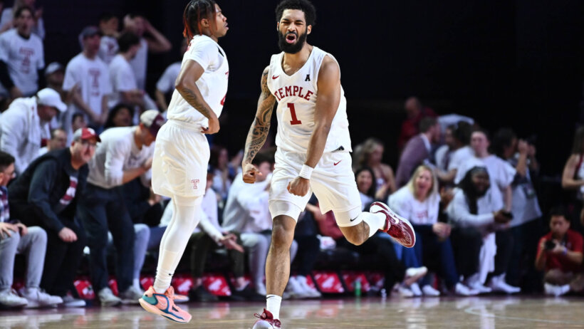 Damian Dunn celebrates; Temple Owls