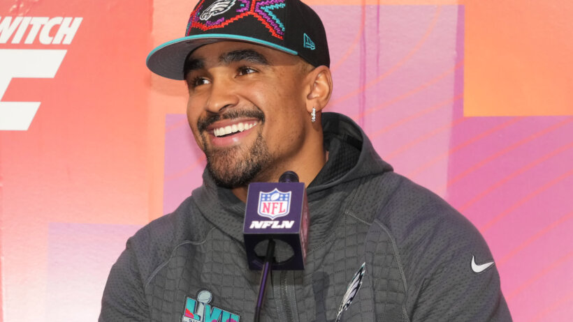 Philadelphia Eagles QB Jalen Hurts during Super Bowl media day.