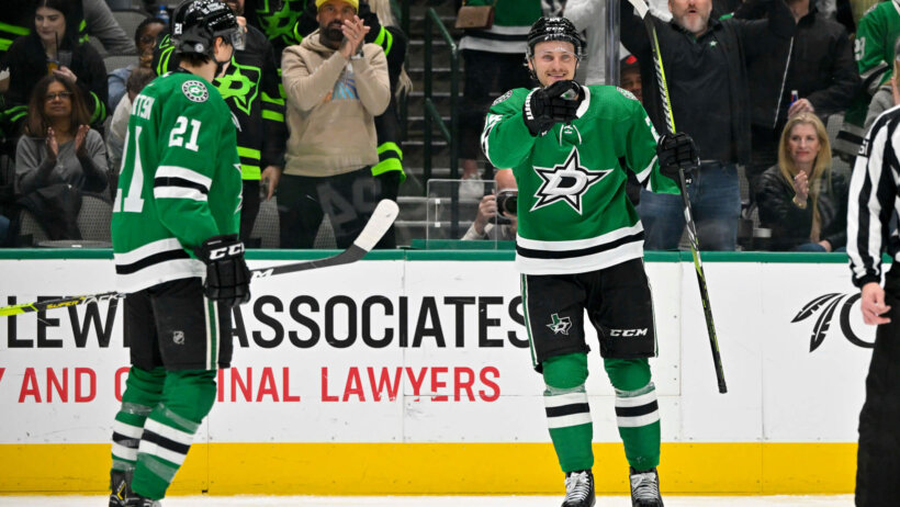 Dallas Stars left wing Jason Robertson and center Roope Hintz celebrate goal