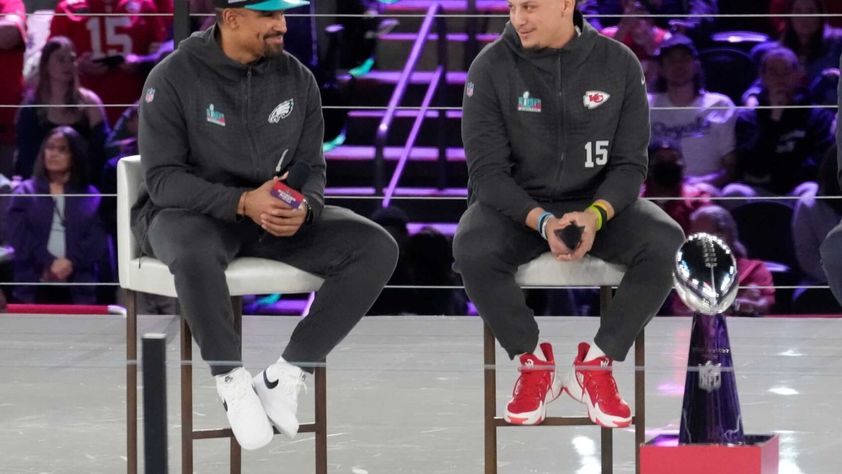 Super Bowl 57 starting quarterbacks Jalen Hurts and Patrick Mahomes