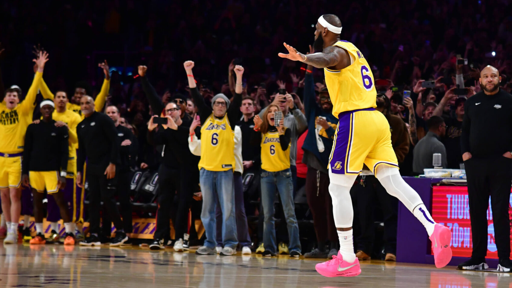 LeBron James celebrates bucket