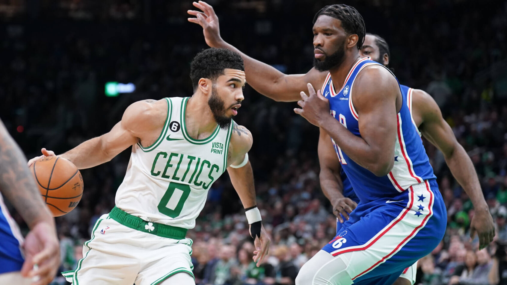 Joel Embiid defending Jayson Tatum