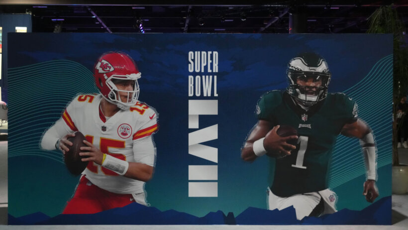 A graphic featuring Kansas City Chiefs quarterback Patrick Mahomes and Philadelphia Eagles quarterback Jalen Hurts at the Super Bowl LVII Experience at the Phoenix