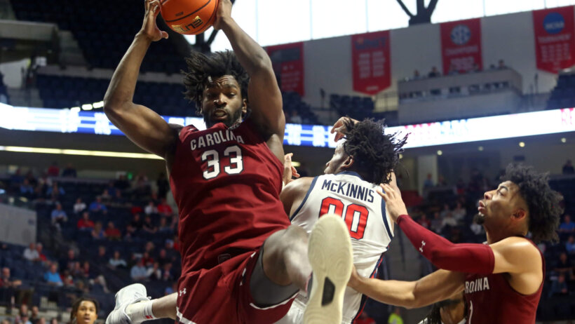 South Carolina Gamecocks forward Josh Gray grabs a rebound