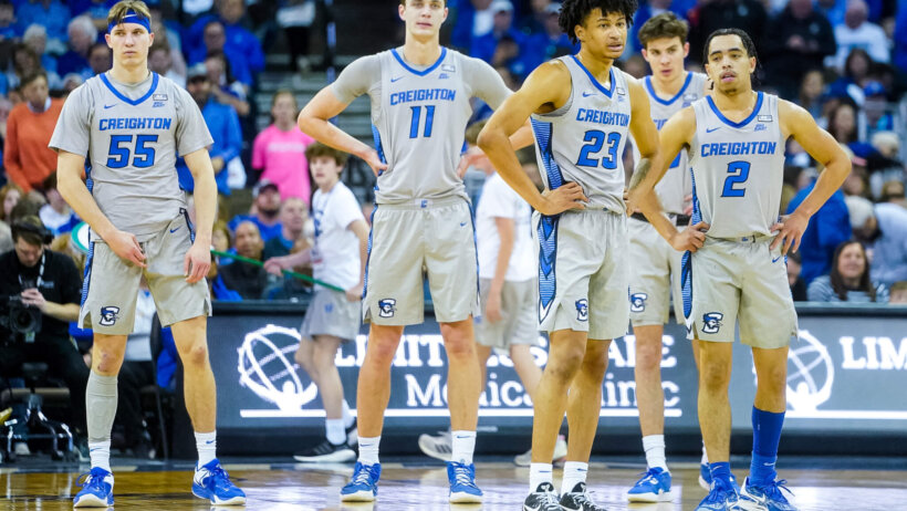 Creighton Bluejays players during a stoppage in play