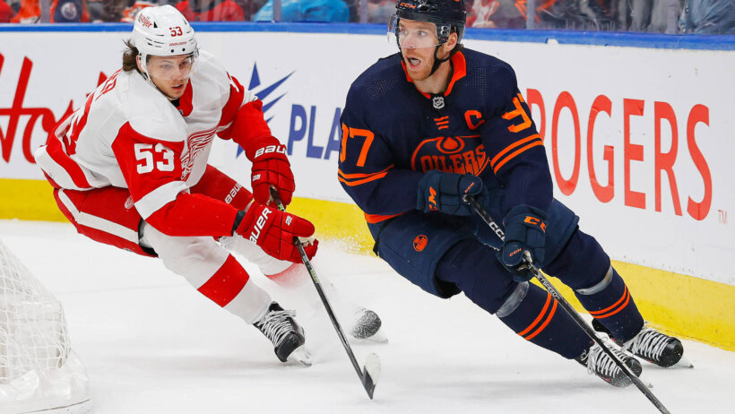 Edmonton Oilers forward Connor McDavid protects the puck