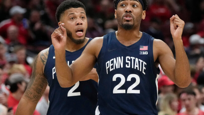 Myles Dread and Jalen Pickett celebrate; Penn State