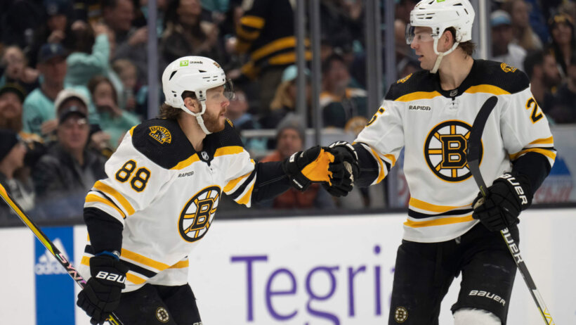 Boston Bruins forward David Pastrnak and defenseman Brandon Carlo
