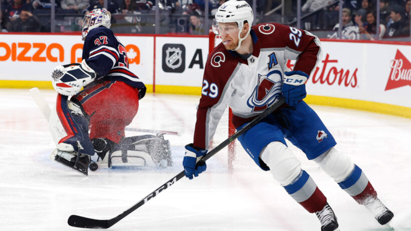 Colorado Avalanche center Nathan MacKinnon skates