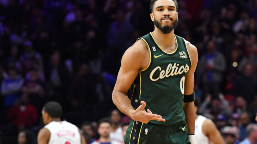 Boston Celtics forward Jayson Tatum celebrates