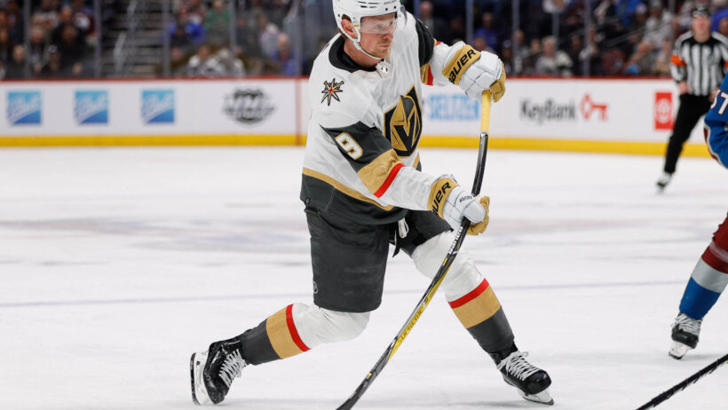 Vegas Golden Knights center Jack Eichel takes a shot