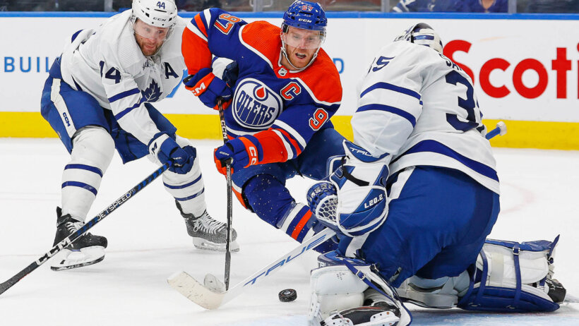 Toronto Maple Leafs goaltender Ilya Samsonov makes a save on Edmonton Oilers forward Connor McDavid