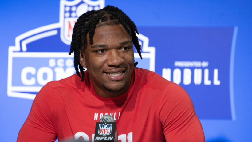 Florida quarterback Anthony Richardson (QB11) speaks to the press at the NFL Combine
