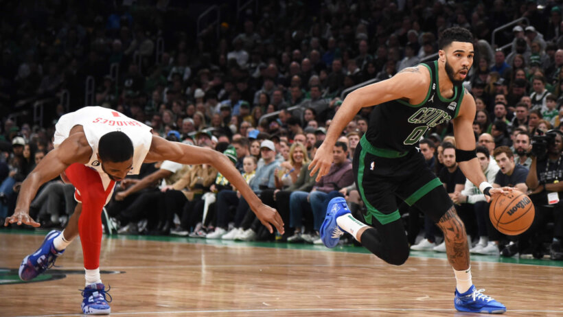 Celtics star Jayson Tatum drives to the basket