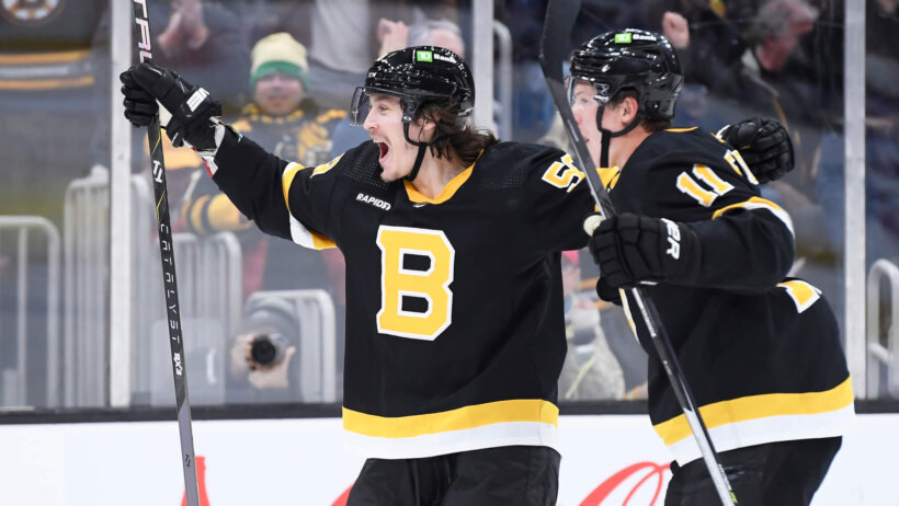 Boston Bruins left wing Tyler Bertuzzi and center Trent Frederic celebrate a goal