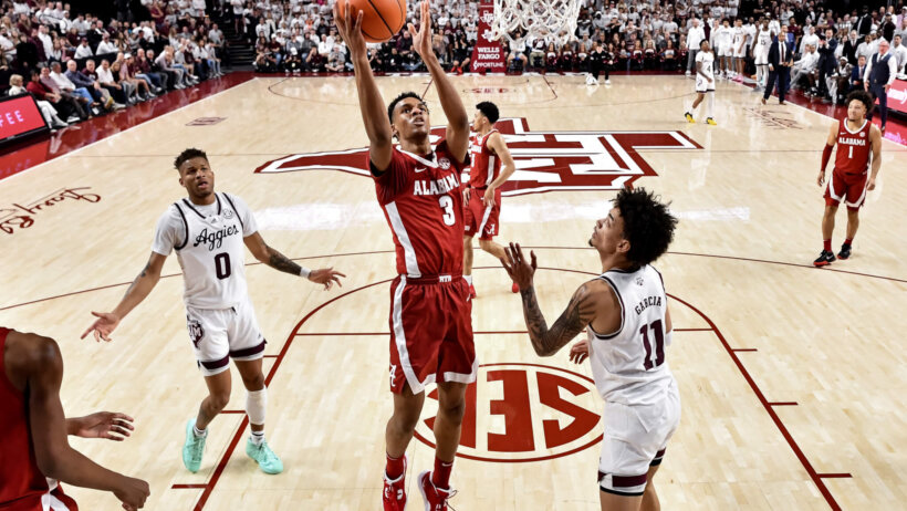 Rylan Griffen drives to the hoop versus Texas A&M.