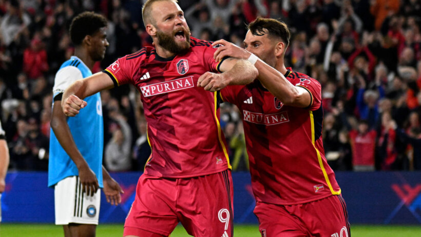 St. Louis City forward Klauss (9) celebrates a goal with St. Louis City midfielder Eduard Lowen (10)