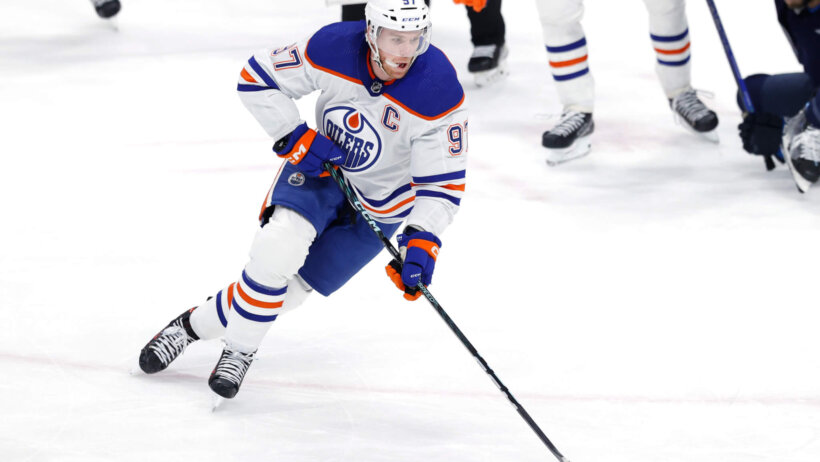Edmonton Oilers center Connor McDavid skates up the ice