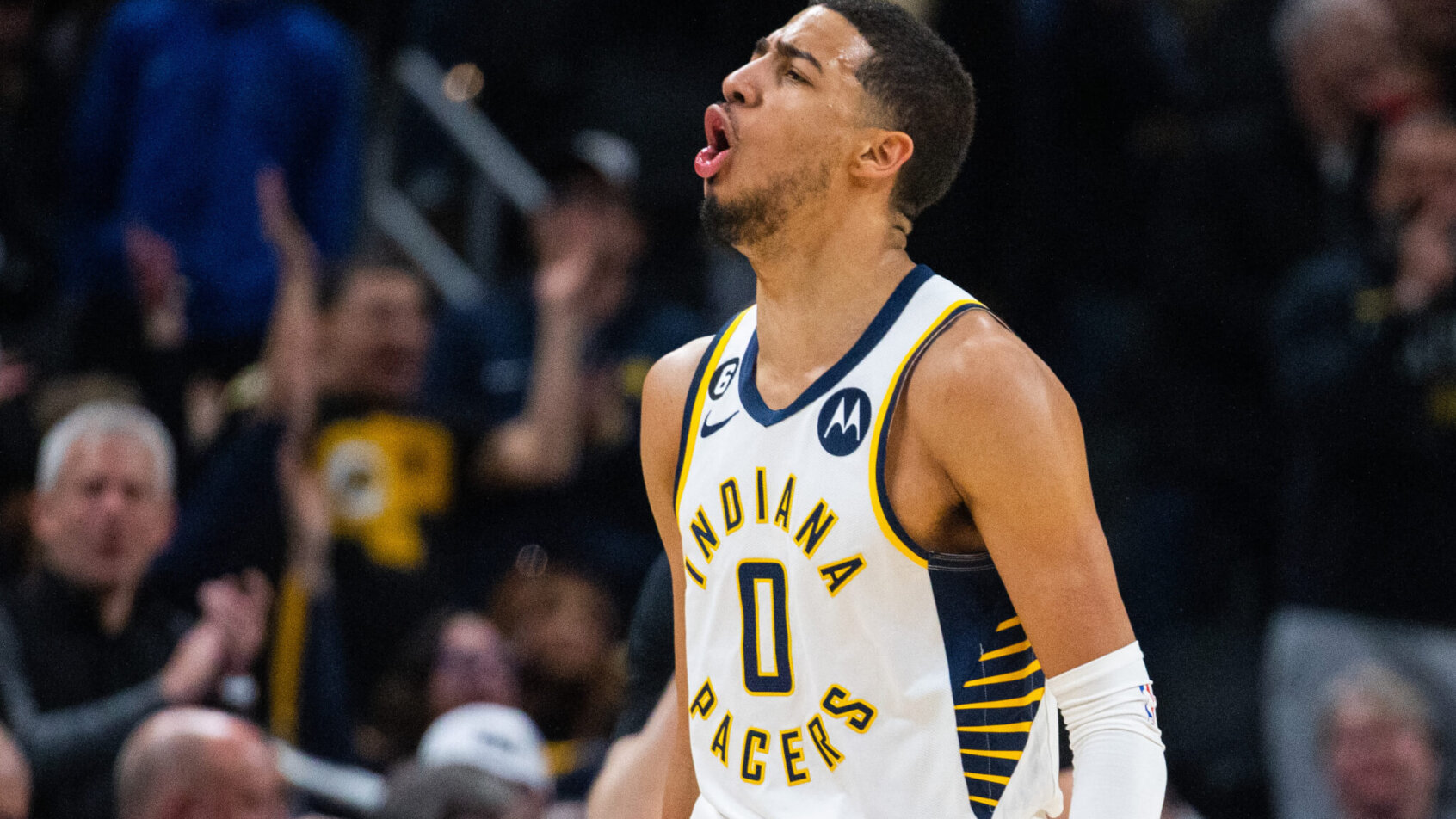 Indiana Pacers guard Tyrese Haliburton yelling