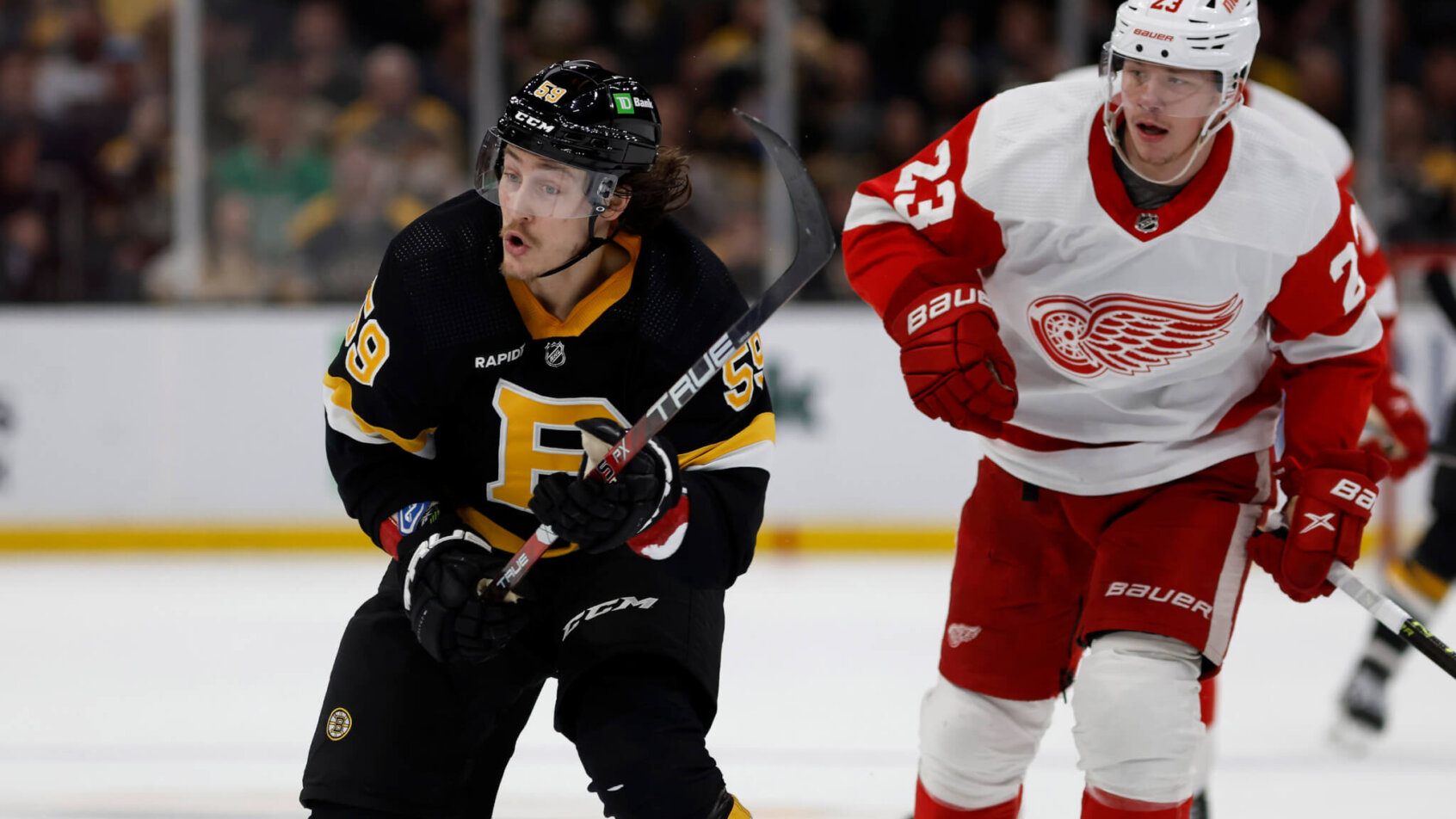 Boston Bruins left wing Tyler Bertuzzi skates against his former team, the Detroit Red Wings
