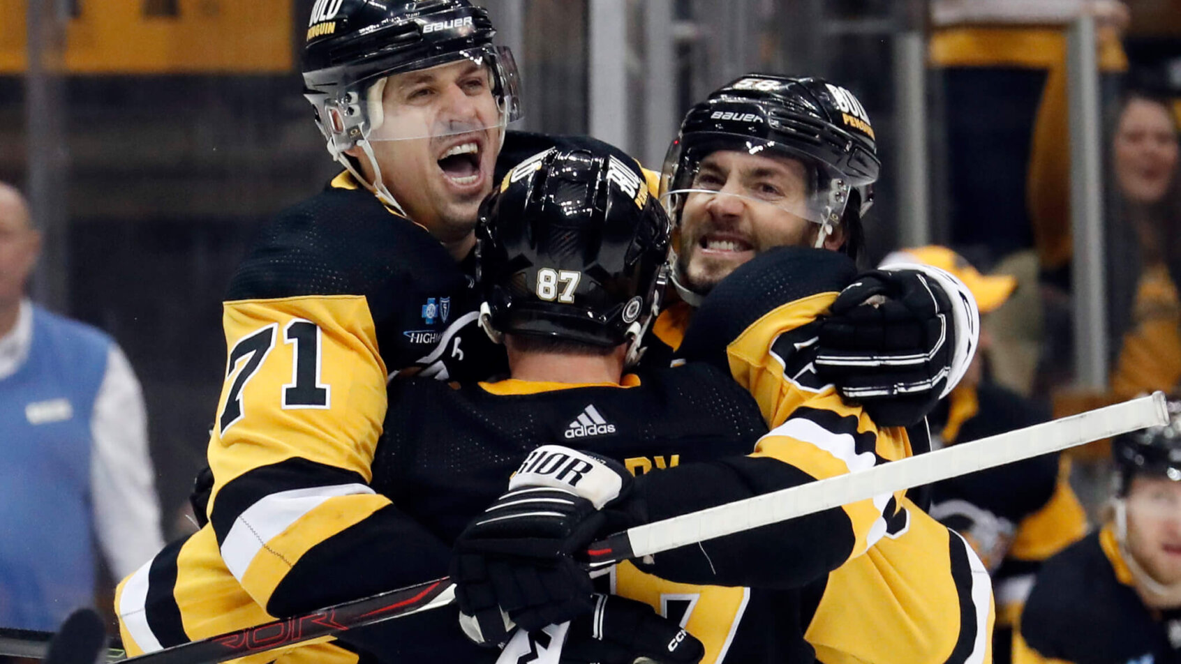 Pittsburgh Penguins Sidney Crosby, Evgeni Malkin and Kris Letang celebrate a game winning goal