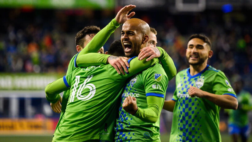 Seattle Sounders forward Heber (19) celebrates after scoring a goal against the Real Salt Lake