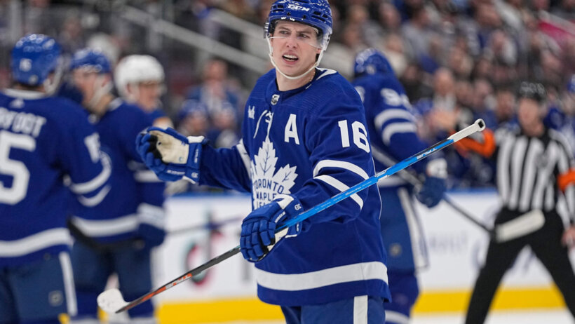 Toronto Maple Leafs forward Mitchell Marner reacts to penalty call