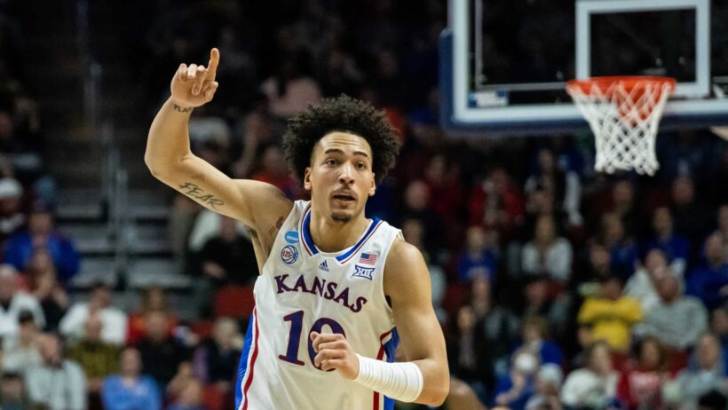 Kansas' Jalen Wilson celebrates a basket