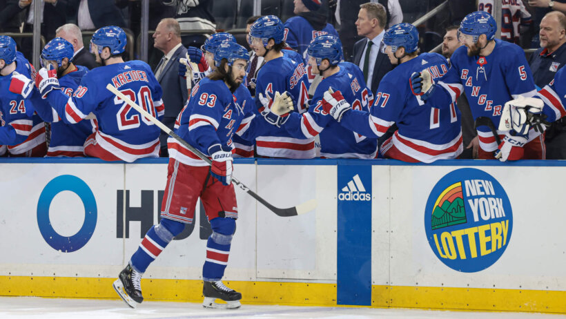 New York Rangers center Mika Zibanejad celebrates his goal with teammates
