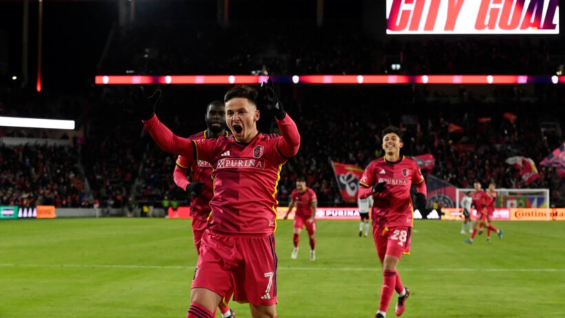 St. Louis City SC forward Tomas Ostrak (7) reacts after scoring a goal against the San Jose