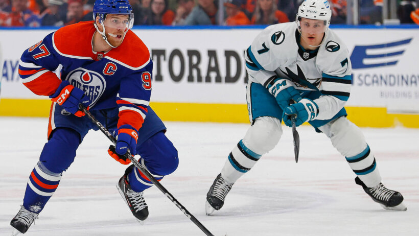 Edmonton Oilers forward Connor McDavid looks to make a play